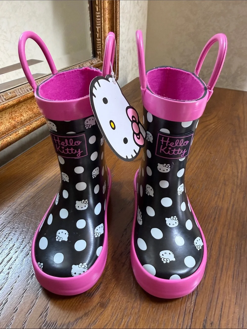Hello Kitty Black, White & Pink Polka Dot Rain Boots. Size 5.